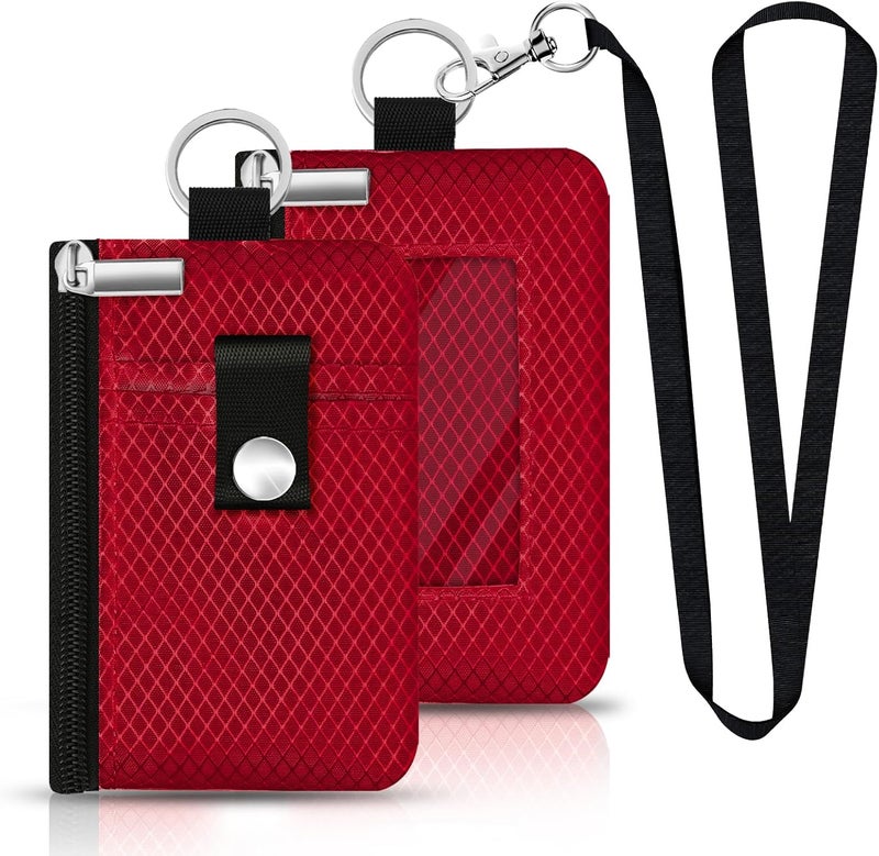 CCUMI Minimalist RFID Blocking Small Wallet with ID Window,WaterResistant Zip Id Case Wallet with Lanyard Keychain for Cards,Cash,Travel,Women,Men (Red) - Image 1